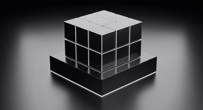 A conceptual studio shot featuring 12 square boxes arranged in a precise grid on a reflective black base representing structure, symmetry, and modern design