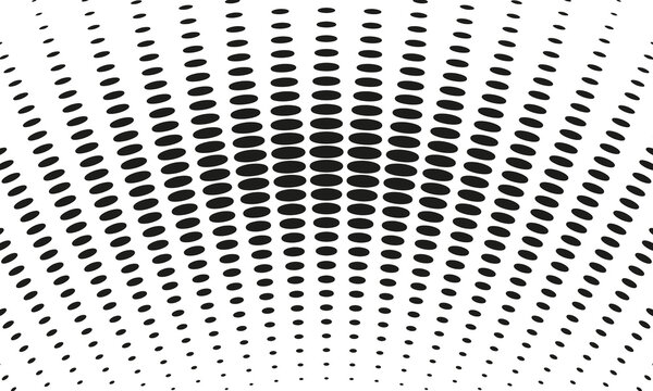 Abstract black halftone dots forming a dynamic wave pattern on a white background.