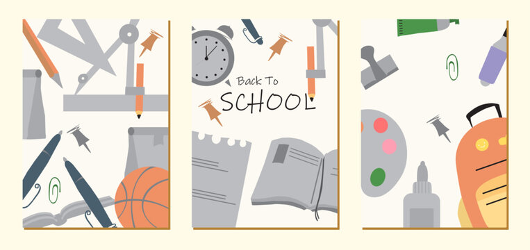 back to school modern poster with  set of school accessories, postcard ,booklet