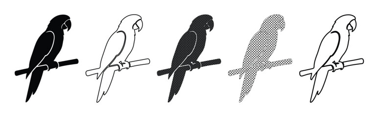 Minimalist parrot icon set, tropical macaw bird silhouettes on branch, black and white parrot vector illustrations for logo design and branding © Asma