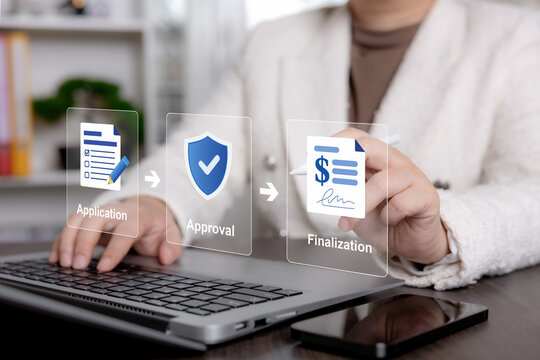 Business interface showing application, approval, and finalization steps, representing document workflow, financial processing, verification, and secure transaction completion.