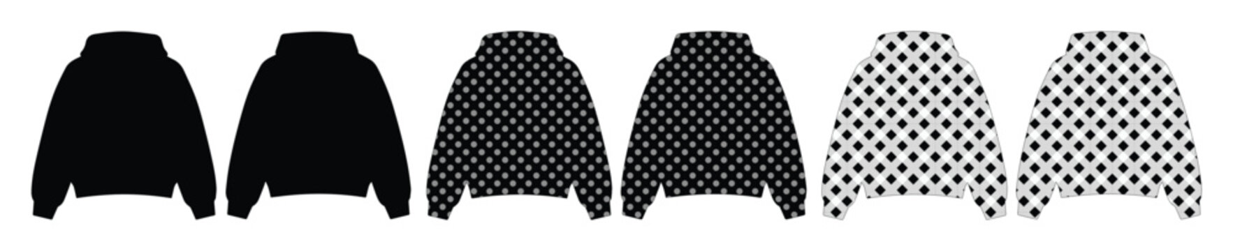 Hoodie vector silhouette set, black and checkered pattern sweatshirt templates, streetwear apparel mockups for fashion design and technical drawings
