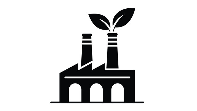 Black silhouette of an industrial factory with green leaves sprouting from the smoke stack representing eco friendly manufacturing.