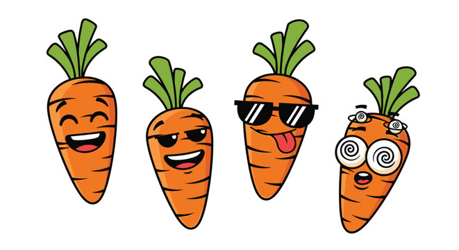 Set of four cartoon carrot characters showing various funny facial expressions including laughing cool and dizzy.