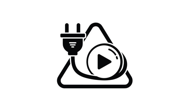 Black and white icon featuring an electric plug connected to a play button represents digital content consumption and energy dependency.
