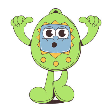 Retro digital pet character in flat style on white background showing playful concept. Vector illustration