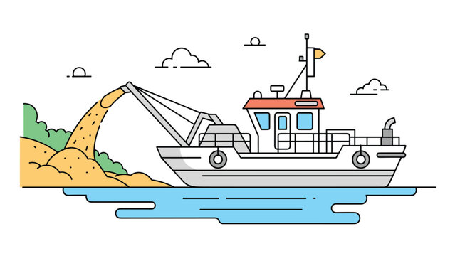 Industrial sand dredging boat working near a coastline illustrates marine construction and resource extraction in a clean vector style.