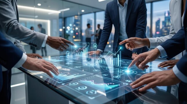 Business team analyzing financial data on futuristic holographic interface in modern office digital transformation corporate strategy innovation teamwork growth analytics