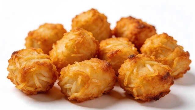 Golden crispy tater tots on white background