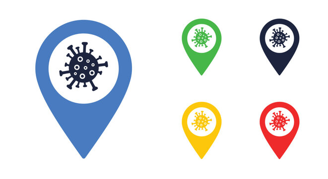 Virus or bacteria microbe icon displayed inside map pins of different colors for tracking disease outbreaks or medical locations.