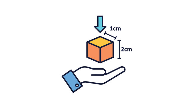 Human hand holding three dimensional cube with centimeter measurement indicators for geometry math and sizing concepts.
