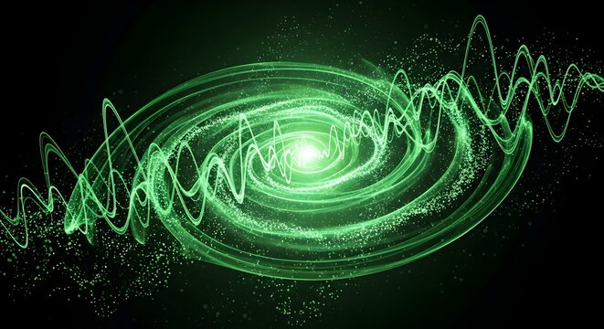 Futuristic Green Waveform Energy Ring with Radiant Central Core, Oscillating Light Waves and Floating Particles Depicting Abstract Nuclear Radiation, Quantum Fields, Sound Frequency Patterns and Advan