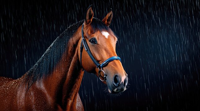 brown horse in rain with blue halter