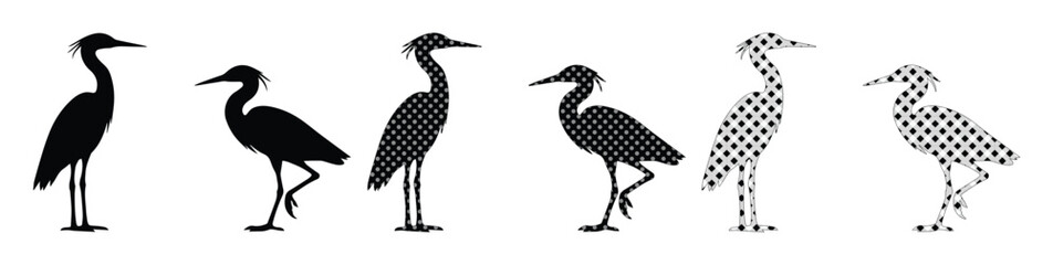 Fototapeta premium Heron bird silhouette vector set, black crane and egret icons in profile, standing water bird collection for nature logos and wildlife design