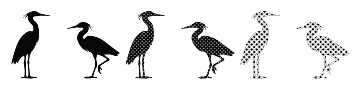 Heron bird silhouette vector set, black crane and egret icons in profile, standing water bird collection for nature logos and wildlife design