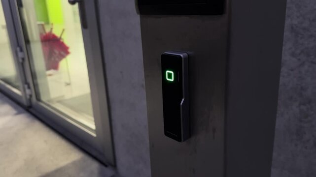 Close-up of hand using access card to unlock electronic door. Concept for security, access control, and modern entry systems.