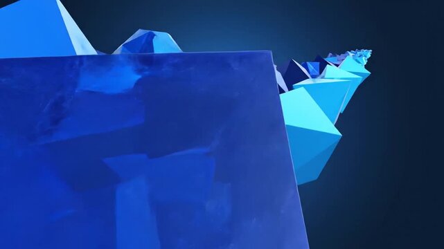 Abstract 3D composition featuring various blue geometric shapes such as icosahedrons and cubes floating in a dark blue space with a soft central glow and depth of field effect.