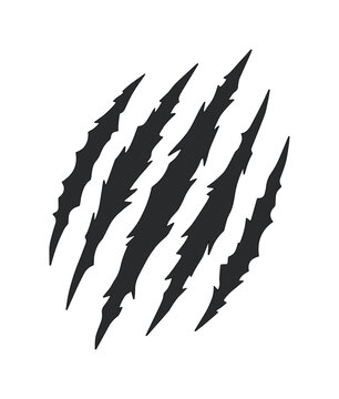 Aggressive black claw marks vector, sharp animal scratch rips on white background, predator clawing effect for sports mascot and automotive decals
