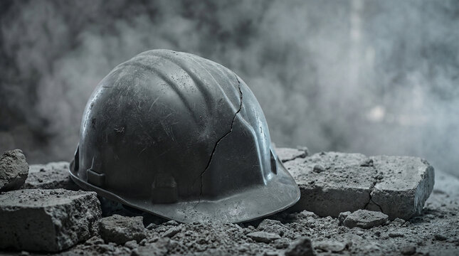 Abandoned hard hat amidst rubble in a collapsed subterranean tunnel, shrouded in dust and mist, evoking a sense of desolation and danger