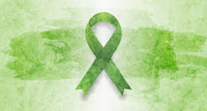 Green awareness ribbon symbol for mental health, lymphoma, or liver cancer awareness on grunge watercolor blots abstract background. Vector illustration perfect for healthcare and charity designs