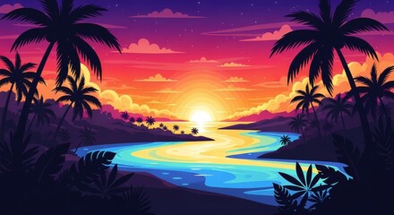 Fototapeta premium Tropical sunset landscape with palm trees and river vector illustration
