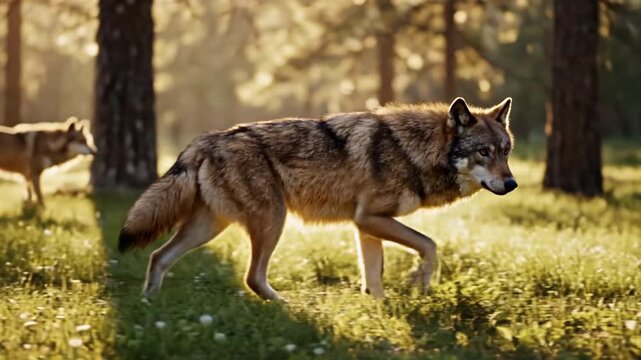 A gray wolf with brown and tan fur walks through a sunny grassy meadow in a forest clearing during golden hour, with a second wolf blurred in the background.