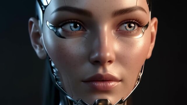 4k cinematic footage of futuristic cyborg woman with glowing cybernetic eyes close up