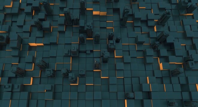 Seamless blue geometric mosaic with abstract grunge metal squares and 3d digital tile textures for a tech backdrop