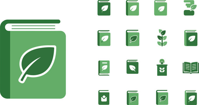 Visualizing an amoeba under a microscope and botanical studies, this icon set offers green books and plant symbols for science and nature education
