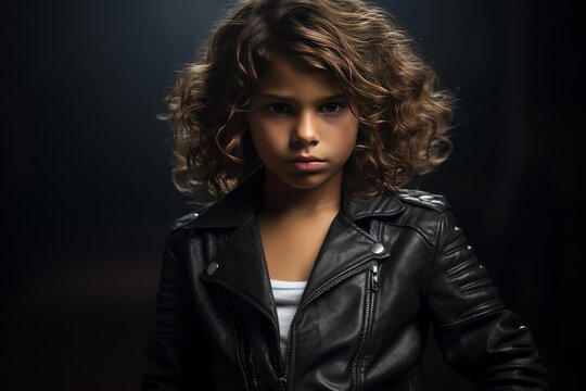 Kid posing with attitude in a black leather jacket against a dark background