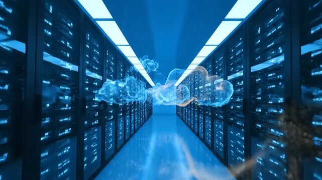 Data Center Server Room with Cloud Computing.