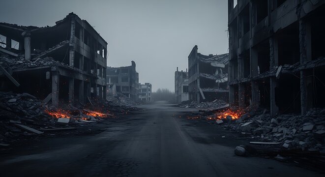 Abandoned city street with damaged buildings.