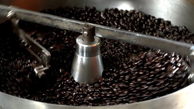 hot black roasted coffee bean in machine cooling roastery machine industrial coffee house shop barista making top quality kopi beans