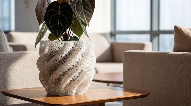 3D-printed bio-plastic planter with organic texture detail