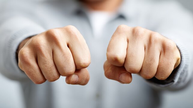 Person displays two closed fists held forward in a gesture of strength or determination.