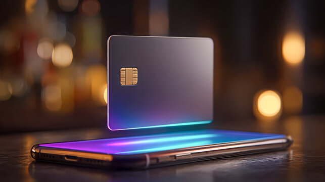 Futuristic blank credit card hovering over a smartphone with neon glowing light and dark bokeh background representing mobile payment