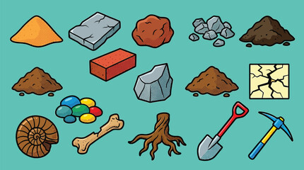 A collection of various geological samples, fossils, and excavation tools displayed against a teal background. © desiana