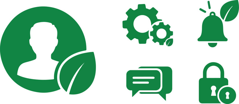 Green digital interface icons showcasing sustainable user engagement, settings, and security, reflecting a detailed observation of core functions, similar to studying an amoeba under a microscope