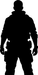 Obraz premium Black Silhouette of a Soldier in Full Tactical Gear Standing on White Background