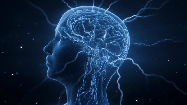 Human brain electric energy neural network blue lightning digital mind future technology science concept abstract light artificial intelligence data flow human head profile digital brain neural