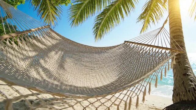 A woven hammock hangs between a palm tree and its support on a sunny beach with gentle waves and clear blue sky, evoking a sense of peaceful relaxation and tropical vacation