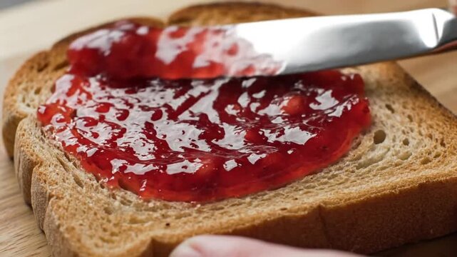 Spreading Sweet Raspberry Jam on Toasted Sourdough Bread