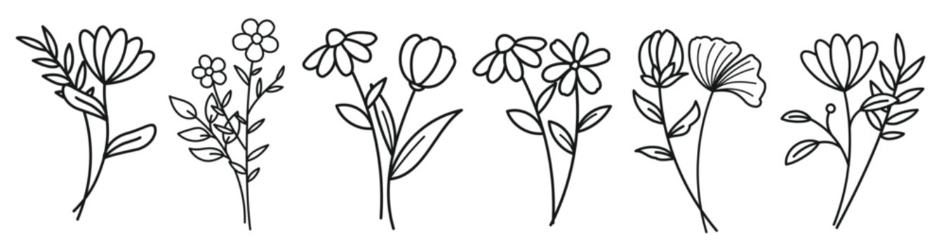  floral branch set hand drawn with leaves and flowers 