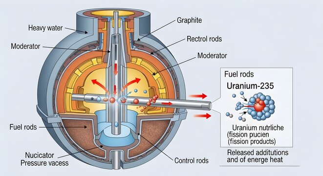 Educational Cutaway Diagram of a Nuclear Reactor Showing Fuel Rods, Control Rods, Moderator, Pressure Vessel, and Uranium 235 Fission Process, Designed to Explain How Atomic Energy is Produced Safely 