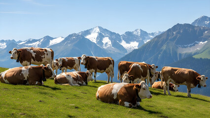 Naklejka premium Cows Resting on a Green Hillside with Snowy Mountains in Background