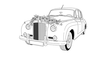 Obraz premium Vintage wedding car illustration with floral decorations on the hood, outlined in black and white, isolated on a plain background