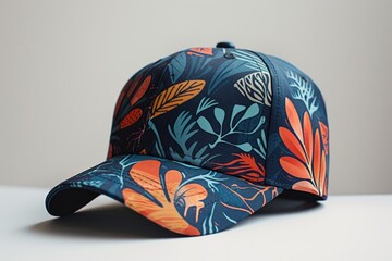 Fototapeta premium Close up of a trendy baseball cap showcasing a vibrant and detailed tropical floral print against a dark blue background