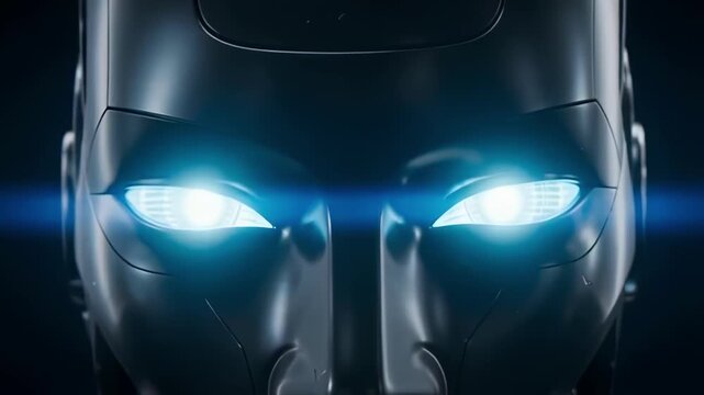 4k cinematic footage of futuristic robot head with glowing blue eyes in dark studio
