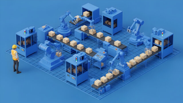 A factory worker oversees an industrial manufacturing process with machinery producing goods on a production line in a facility.