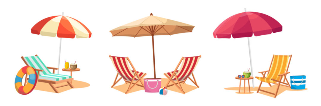 Colorful beach chairs with umbrellas and drinks in flat style on white background showing summer relaxation concept. Vector illustration